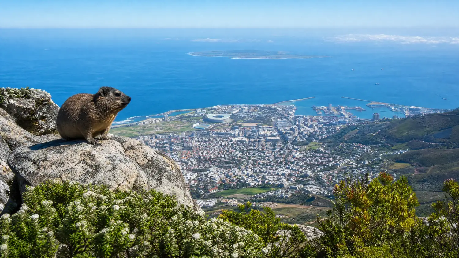 Ein Klippschliefer (Dassie) sitzt auf einem Felsblock oben auf dem Tafelberg, umgeben von Fynbos, die City Bowl und Robben Island weit unten
